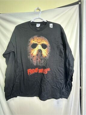 Gildan Black Long-Sleeve Friday the 13th Graphic Tee with Orange Mask